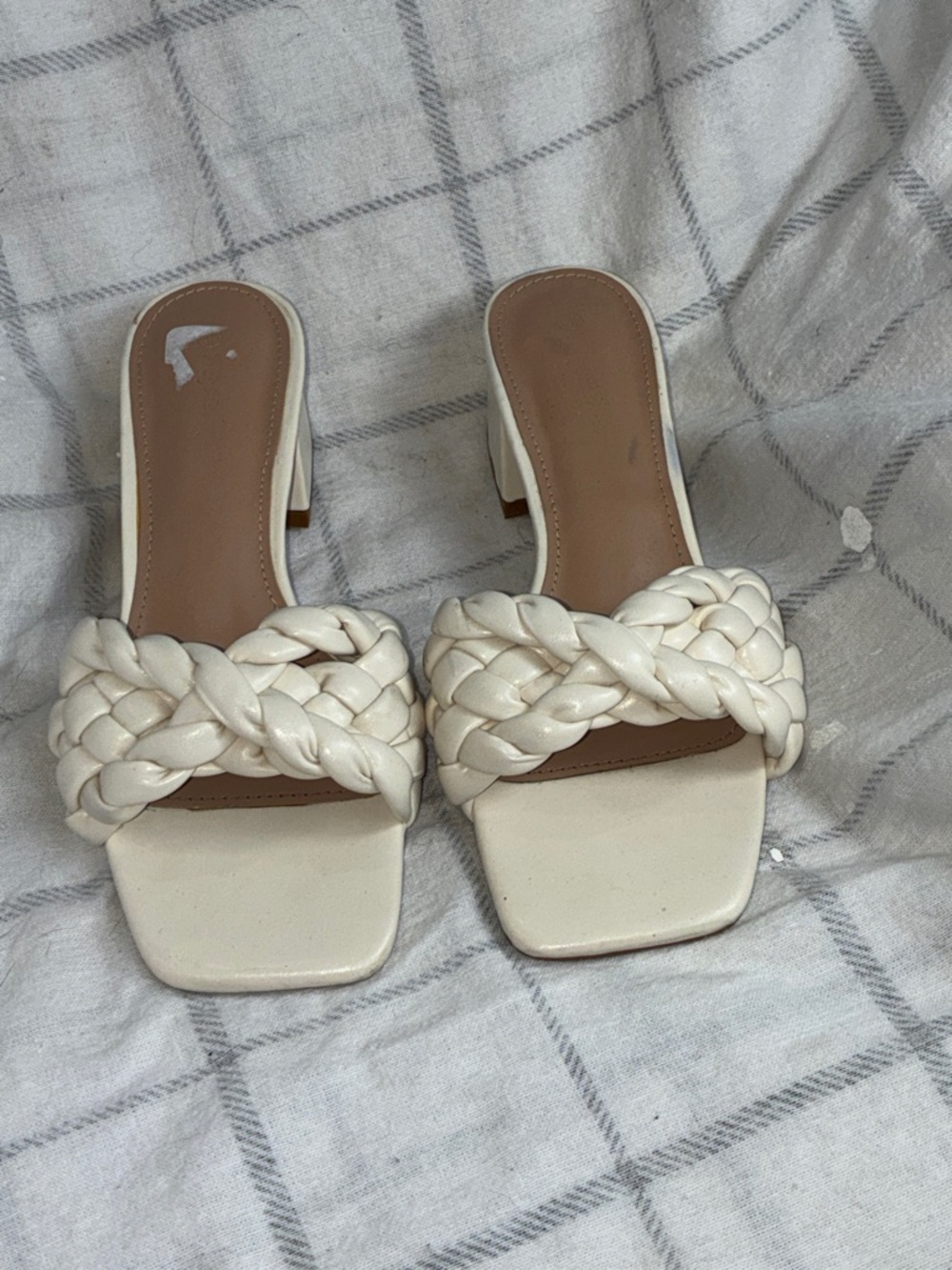 Braided Square-Toe Cream Slide Heels